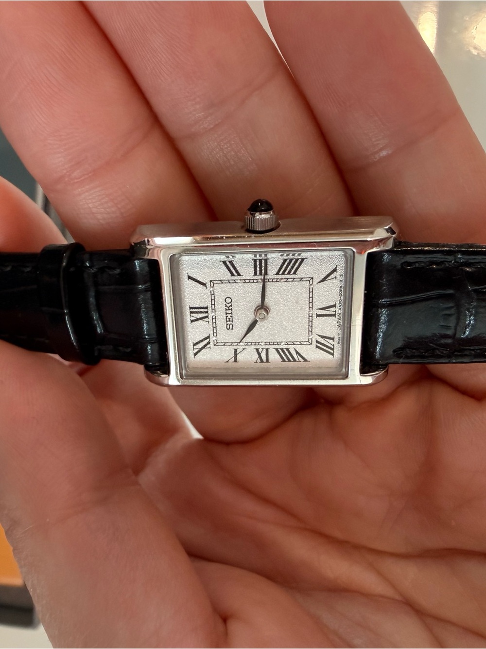 Seiko Silver Rectangular Dial Watch with Black Leather Strap